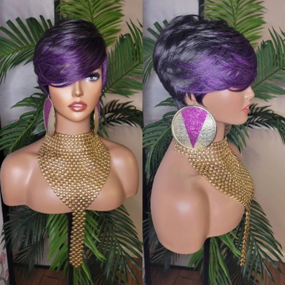 Purple Hair Pixie Cut Hairstyle Swoop Bang Fashion Trend Glueless Wig - Picture 2 of 7